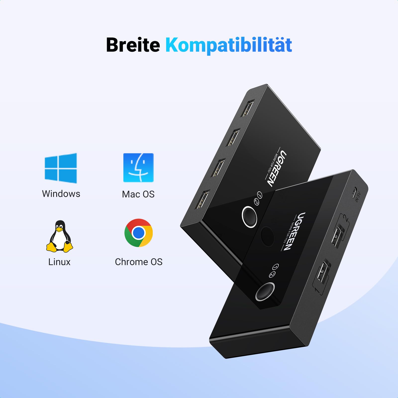 UGREEN 4 Ports USB Switch für 2 PC 2 in 4 Out USB Umschalter für Maus, Tastatur, Scanner, Drucker, Stick, Festplatte kompatibel mit Windows, Mac OS 8.6 und höher, 2 USB Kabel 7