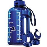 AQUAFIT Half Gallon Water Bottle with Time Marker - Straw & Chug Lid - BPA Free Gym Water Bottle with Straw - Big Gallon Jug (Blue, 64 oz - 2 Lids)
