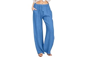 Women's Linen Pants Drawstring Flowy Wide Leg Summer Pants for Travel Vacation Comfy Palazzo Trousers with Pockets