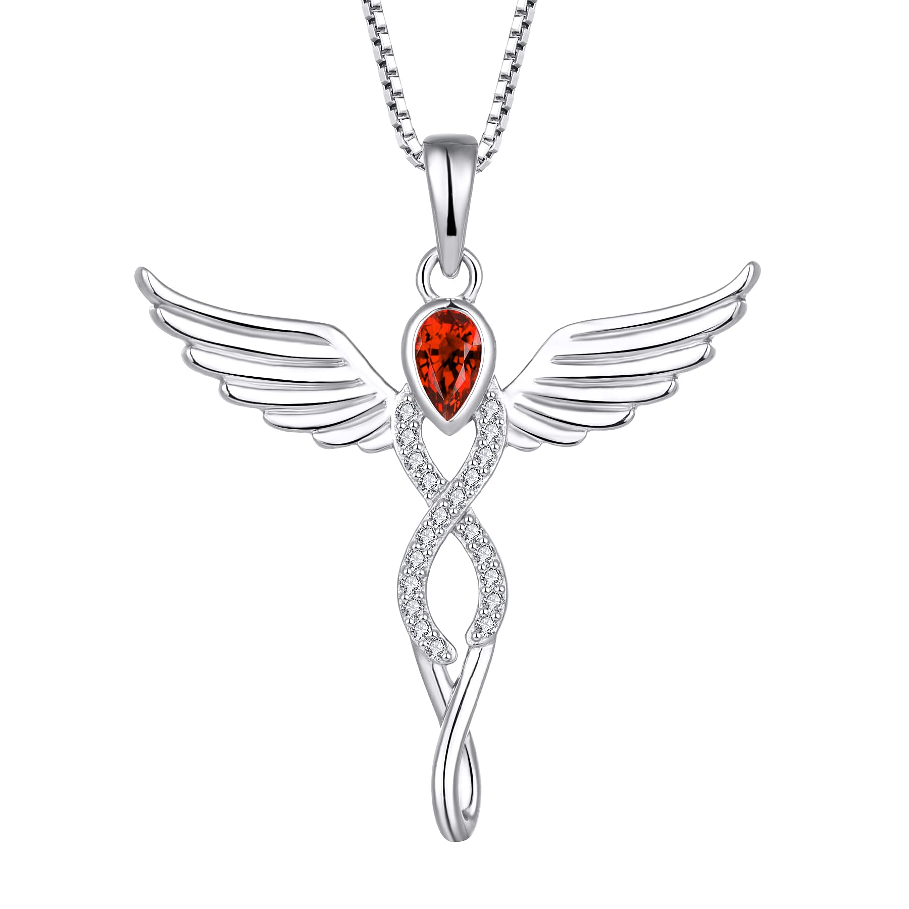 FJ Guardian Angel Necklace 925 Sterling Silver Infinity Angel Wings Pendant Garnet Necklace January Birthstone Jewellery for Women