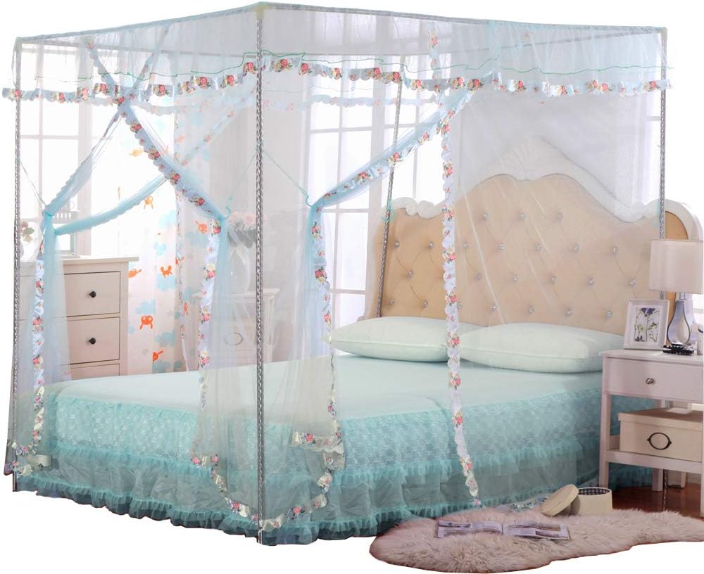 JQWUPUP Mosquito Net for Bed - 4 Corner Canopy for Beds, Canopy Bed Curtains, Bed Canopy for Girls Kids Toddlers Crib, Bedroom Decor (Twin Size, Light Blue)