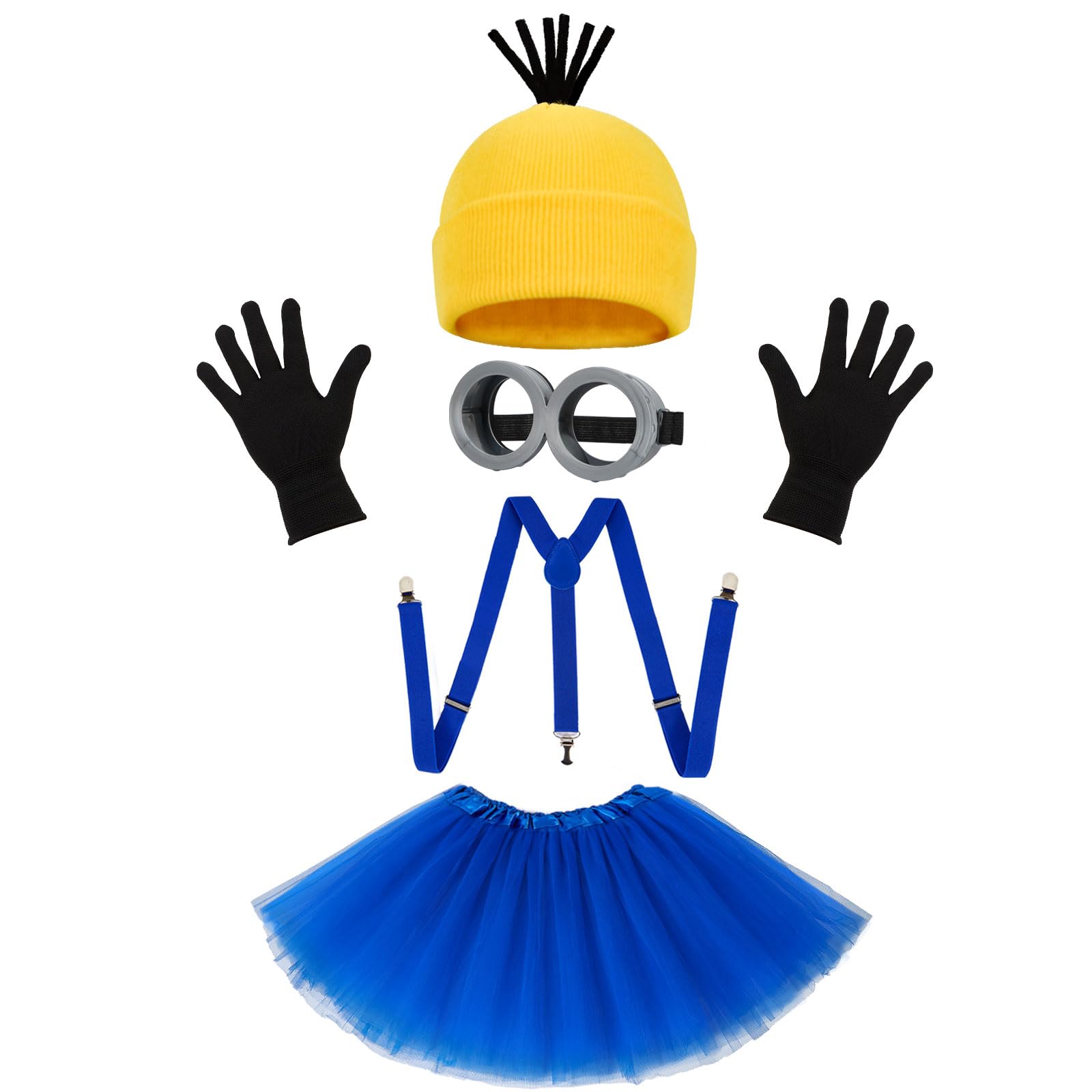 Photo 1 of 5 Pcs Halloween Costume Accessories Kit for Adult, Yellow Beanie Hat/Gloves/Goggles/Blue Dress/Suspenders, Funny Dress Up Set for Men Women Novelty Cartoon Cosplay Party Accessory