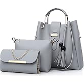 FiveloveTwo Women's Purse and Handbags 3 Pcs Bag Set PU Leather Tassel Totes Clutch Satchels Top Handle Shoulder Crossbody Bags Pack Grey