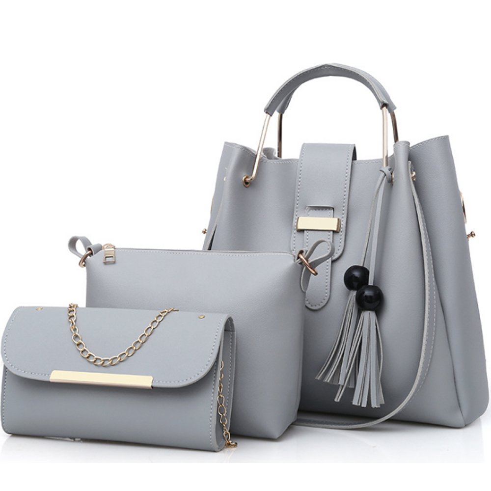 FiveloveTwo Women's Purse and Handbags 3 Pcs Bag Set PU Leather Tassel Totes Clutch Satchels Top Handle Shoulder Crossbody Bags Pack Grey