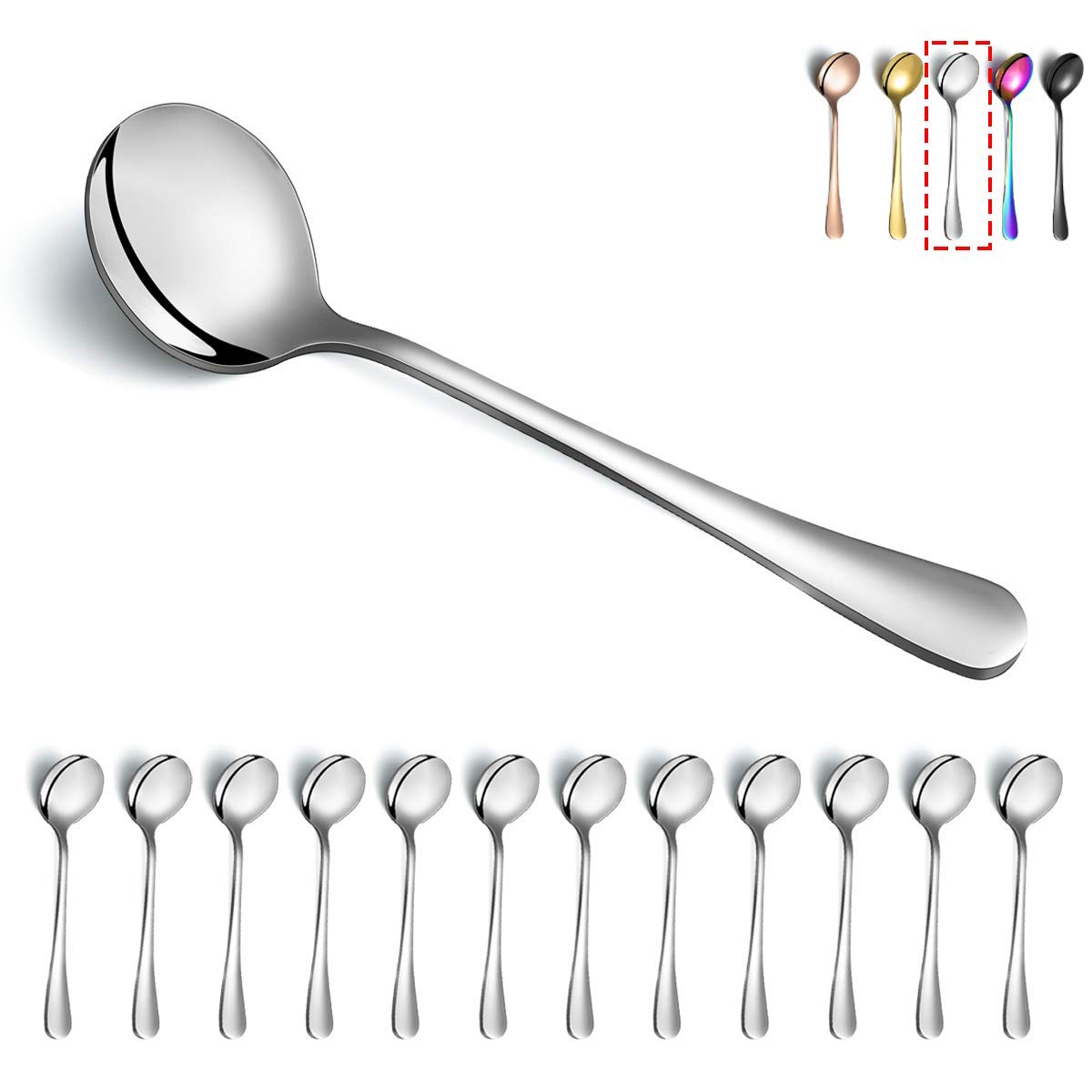 Soup Spoons, Kyraton 12 Pieces 19 cm Stainless Steel Round Spoons,Dinner Spoon Table Spoon, Spoons Silverware Dishwasher Safe Set of 12