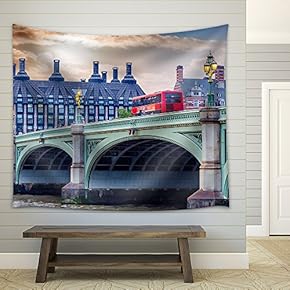 Red Doubledecker Bus on Westminster Bridge. - Fabric Wall Tapestry Home Decor - 51x60 inches
