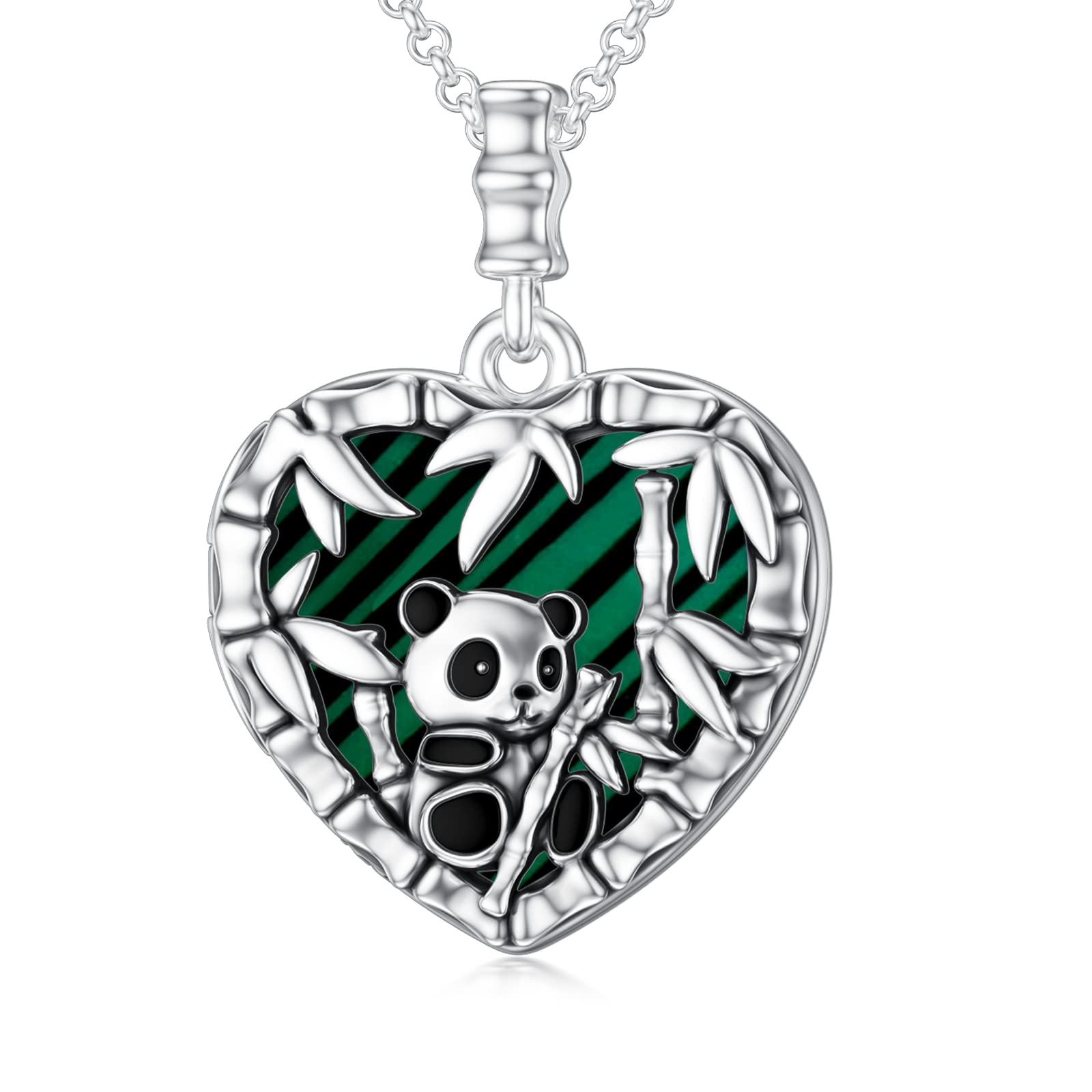 SOULMEET Heart Shaped Cute Panda Eating Bamboo Locket Necklace That Holds 1 Picture Photo Sterling Silver Green Malachite Locket (Locket only)