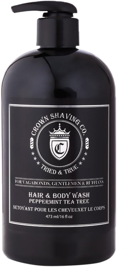 Men's Hair & Body Wash16oz (473ml) - Crown Shaving Co - Peppermint and Tea Tree Oil Soothing and Hydrating Mens Hair and Body Wash
