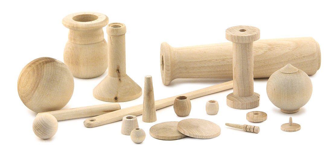 Photo 1 of Hygloss 95010 Unfinished Wood Turning, Assorted Craft Shapes with Pegs, Bead, Tacks, Sticks, Balls, Discs, Spools, 1 lb., Natural