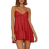 Womens V Neck Crisscross Backless Dresses Tie Back Sleeveless Ruffle Hem Flowy Swing A-Line Vintage Summer Mini Dress