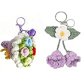 HOXITRADE 2 Pcs Handmade Crochet Flower Keychains, Colorful Yarn Rose Bouquet & Purple Floral Charm Cute Handmade Bag Purse Room & Car Accessories for Women
