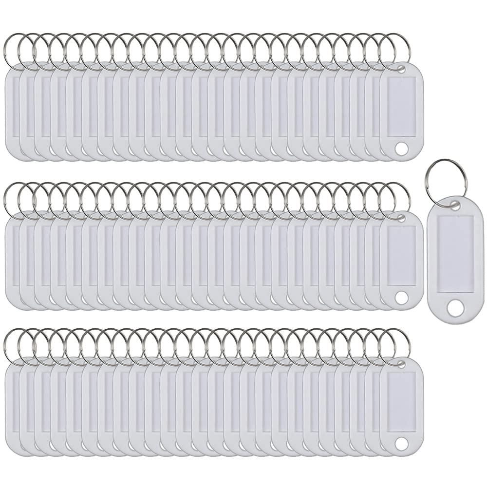 SagaSave Key Tags 100 Pieces Keyring Tags Key Labels Plastic Key Fobs Id Tags Key Rings Name Tags Luggage Id Labels with Labels Split Ring Keyring (White)