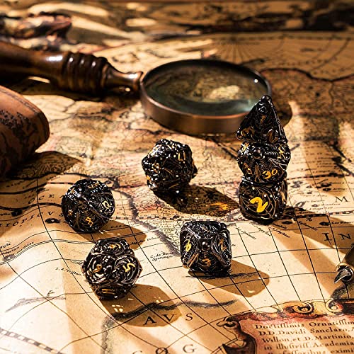 DND Metal Dice Set, Hollow Skull D&D Dice Sets, ZHOORQI 7Pcs Bronze Polyhedral Dices for Tabletop Games Dungeons and Dragons D&D Dice MTG Pathfinder Role Playing Game DND Collection (Black Gold)