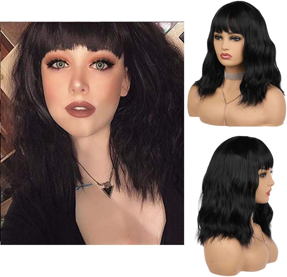14” Short Curly Bob Wigs with Air Bangs Synthetic Natural Wavy Wig Shoulder Length Colorful Wigs for Women Ladies and Girls (Black)