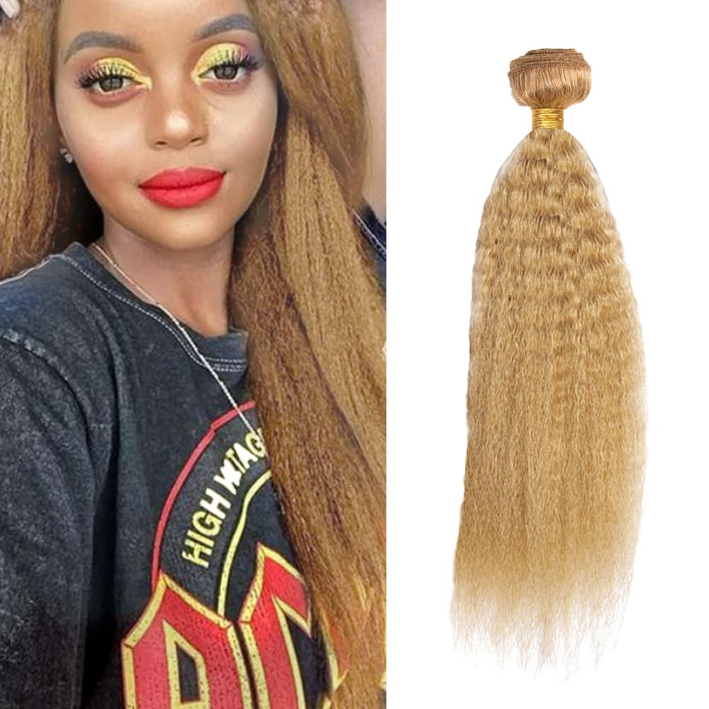 Photo 1 of #27 Blonde Bundles Human Hair Yaki Straight Bundles 18 Inch 1 Bundle Unprocessed Brazilian Virgin Hair Honey Blonde Kinky Straight Human Hair Extensions