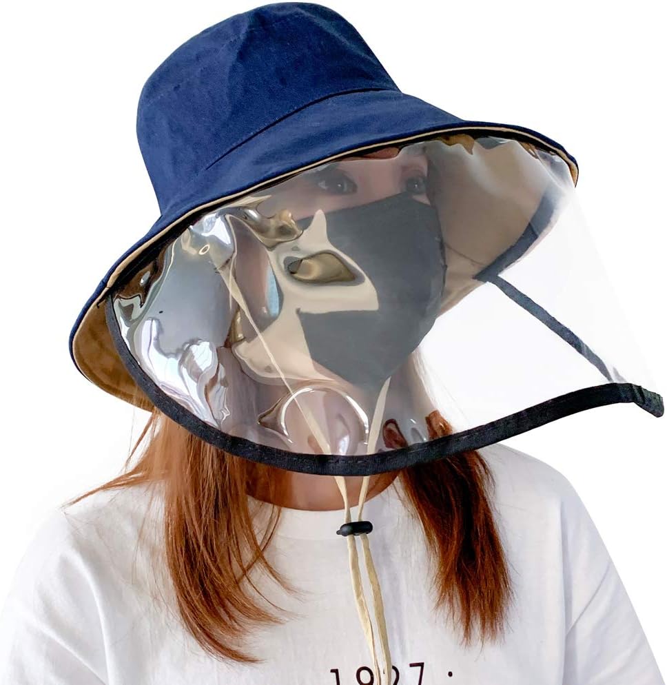 Safety Face Shield Visor Mask Clear Face And Head Coverage Anti-Spitting Full Protective Hat Cover Outdoor Fisherman Hat Adjustable Size (Navy)