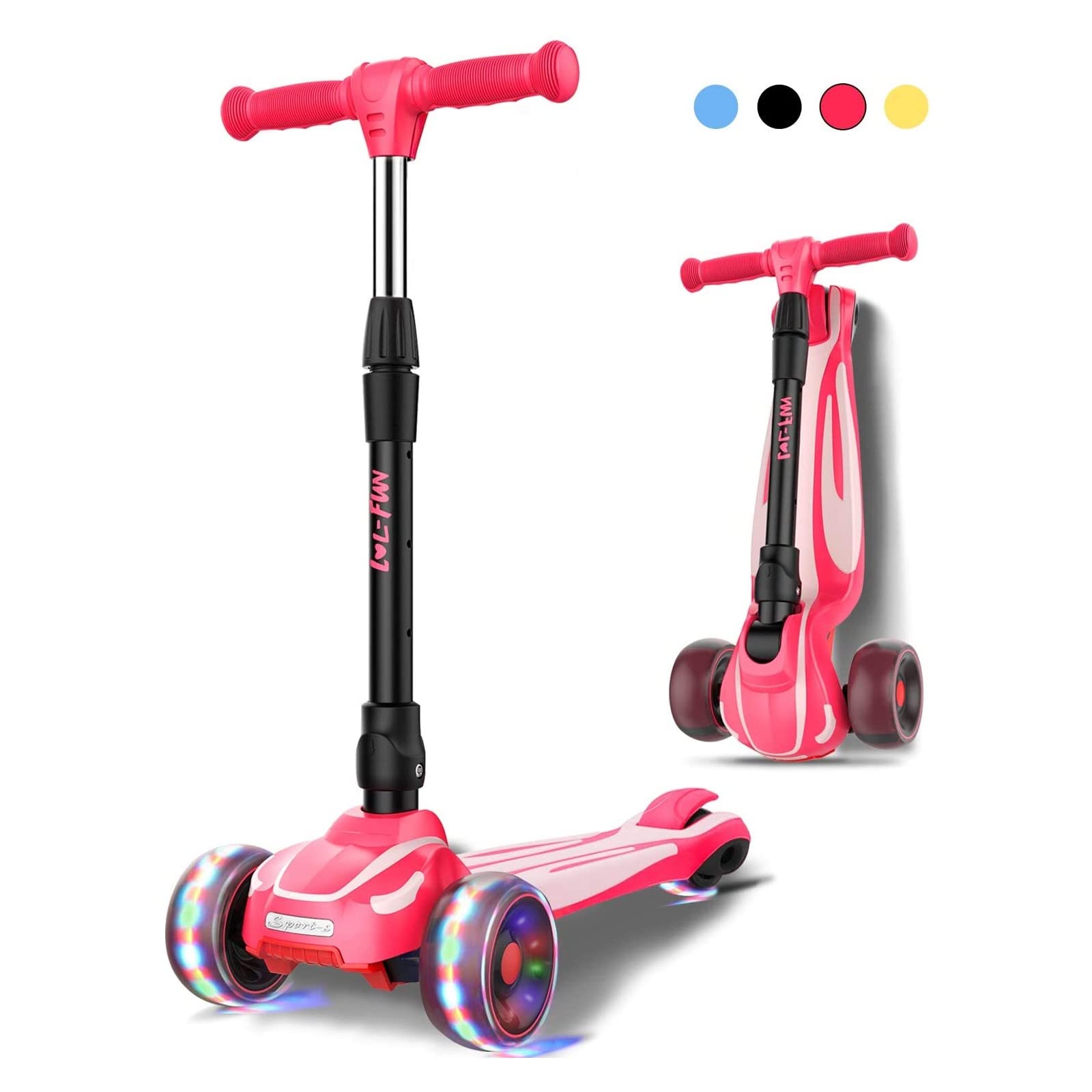 LOL-FUN 3 Wheel Toddler Scooter for Kids Ages 3-8 Years Old Boy Girl, Foldable Kids scooter with 4 Adjustable Height, Extra-Wide Childrens Kick Scooter with Lean-to-Steer and LED Flashing Wheels
