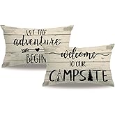 7COLORROOM 2Pack Farmhouse Camper Lumbar Pillow Covers Double-Sided Printed Let The Adventure Begin Welcome to Our Campsite Cushion Cover Cabin/Camper Pillowcases 12”×20”
