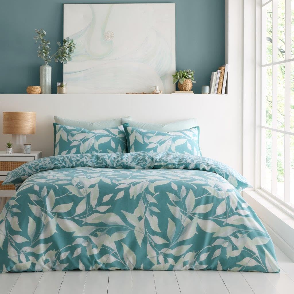 GC GAVENO CAVAILIA Reversible Duvet Cover Double Bed - Leafs 3 Piece Double Quilt Cover (200 x 200 m) with Pillowcases - Washable Bedding Comforter Set - Teal/Green