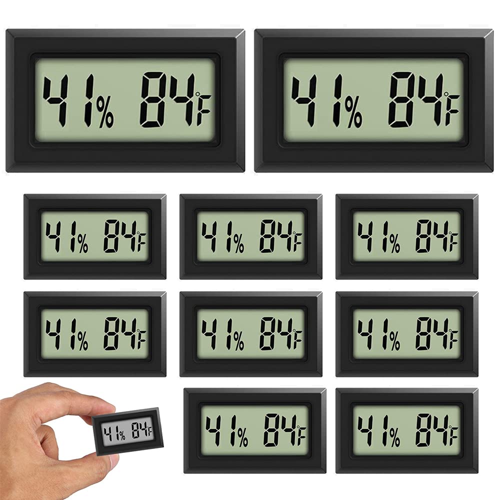 Rojuna Mini Thermometer Hygrometer, Large Number Fahrenheit LCD Display Digital Temperature Humidity Meters Gauge Indoor for Humidors, Greenhouse, Garden, Cellar, Fridge (10-Pack)