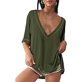 Tankaneo Womens Oversized Tshirts Deep V Neck Short Sleeve Tops Summer Casual Loose Fit Side Slit Tunic Shirts
