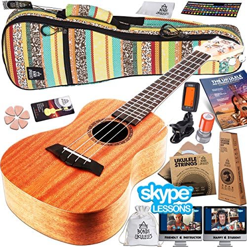 (Concert) - Ukulele Starter Kit (15-FREE-Bonuses) Mahogany Uke, Compression Sponge Case, Aquila Strings, Felt Picks, Tuner, Chord Stamp, Chord Chart, Leather Strap, Live Lesson & More