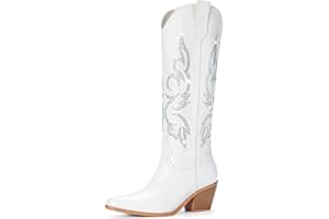 Platikly White Cowboy Boots for Women - Wide Calf Rhinestone Cowgirl Boots, Women Knee High Western Boots, Glitter Sparkly Ladies Tall Boots with Classic Embroidery and Side Zipper, Retro Classic Country Boots Pull On for Ladies
