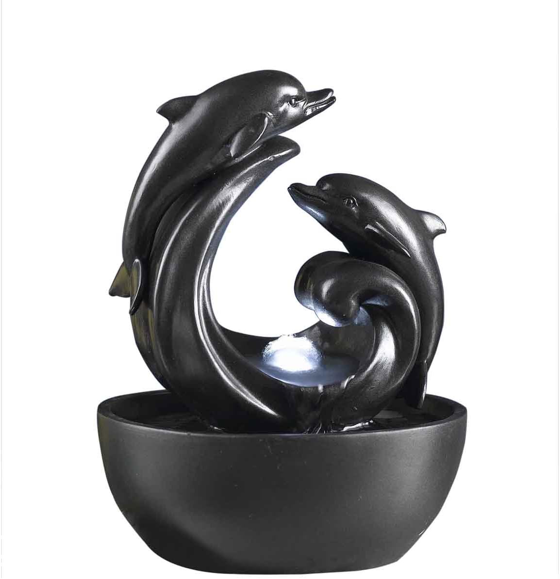 Delfini Dolphin Tabletop Fountain with LED Light and Glass Sphere