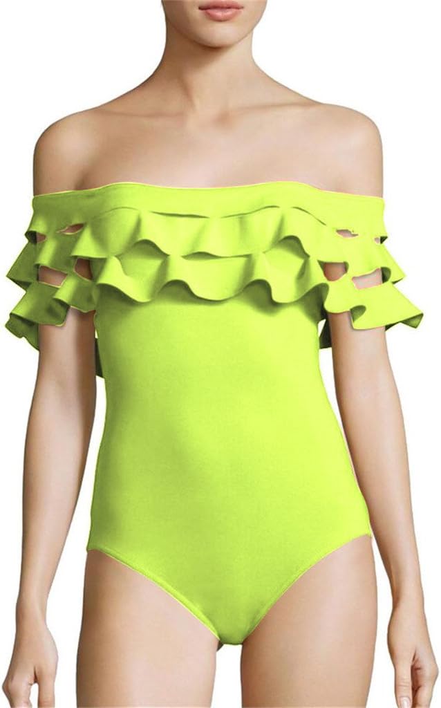 Women Flounce Off Shoulder Club Monokini Strapless Leotard XL Fluorescent Green