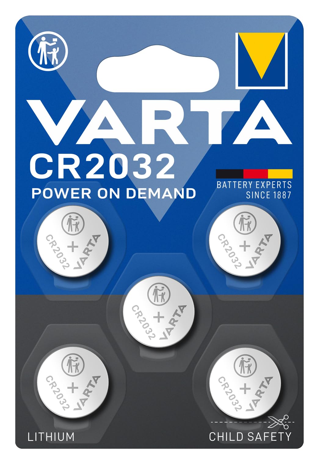 VARTA Batteries Electronics CR2032 Lithium button cell 3V battery 5-pack, Button cells in original blister pack of 5