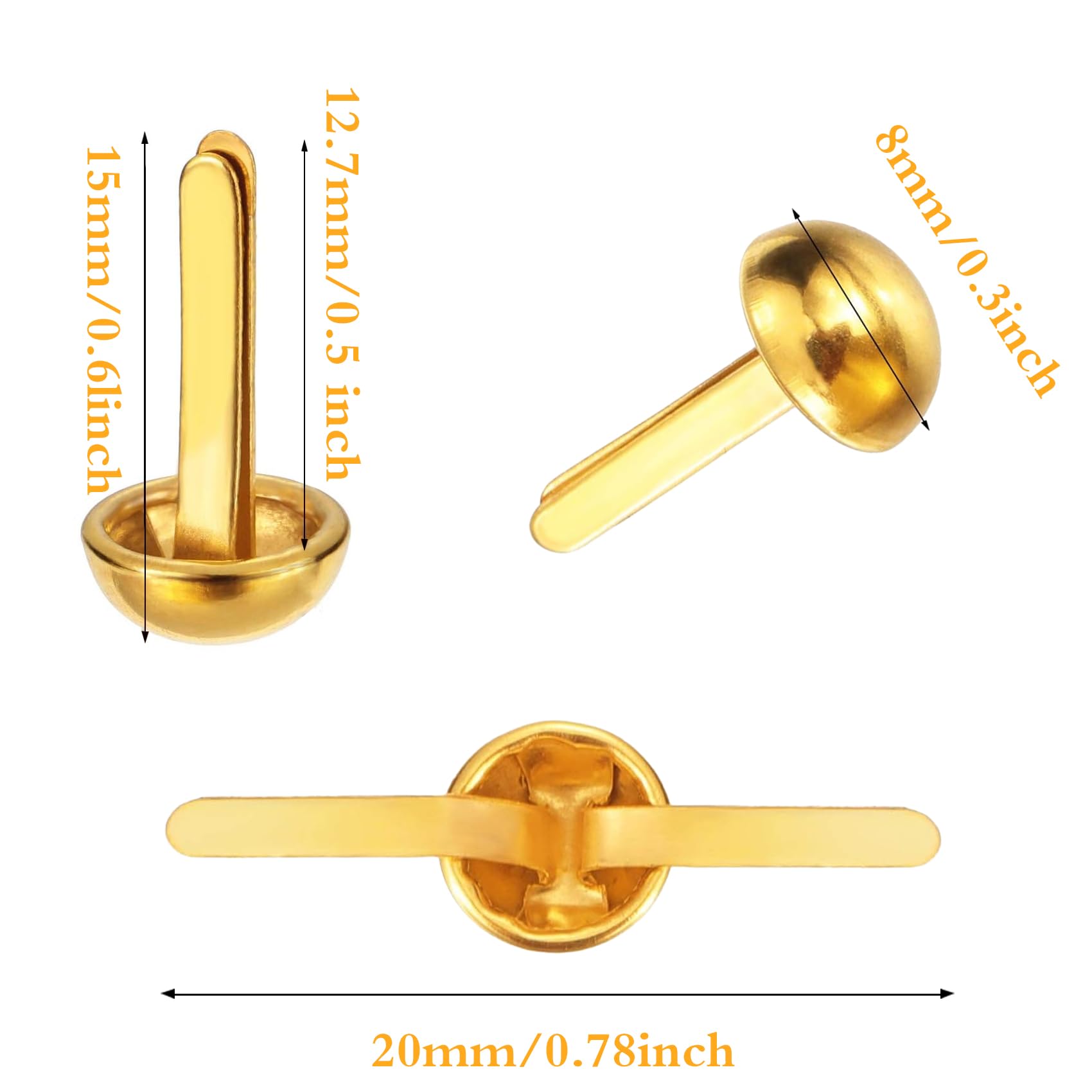 EuTengHao 700Pcs Brass Fasteners Scrapbooking Brads Round Head Brass Plated Fasteners for Craft Art Crafting School Decorative Scrapbooking DIY Supplies (1/2 Inch Shank, 8mm Head, Gold）