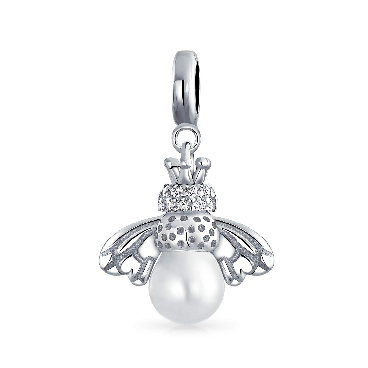 Bling Jewelry Garden Insect White Simulated Pearl Queen Bumble Bee Dangle Charm Bead For Mother .925 Sterling Silver Fit European Bracelet