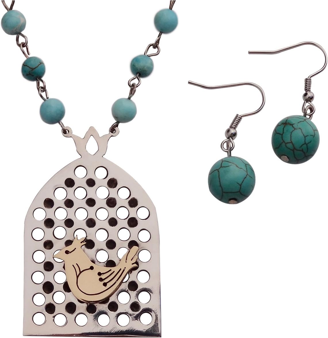 925 Sterling Silver Iranian Persian Morgh Amin Shahrzad Turquoise Necklace Earrings Set Iran Love Bird And Cage