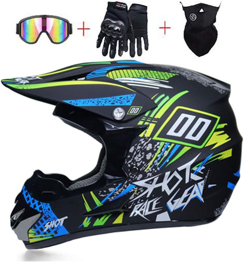LEENY Motocross Crash Helmet with Goggles Mask Gloves, Motorcycle Off-Road DH Enduro Racing Downhill Dirt Bikes MTB ATV BMX Quads Motorbike Helmet for Adult Men Women,Green*Blue,L