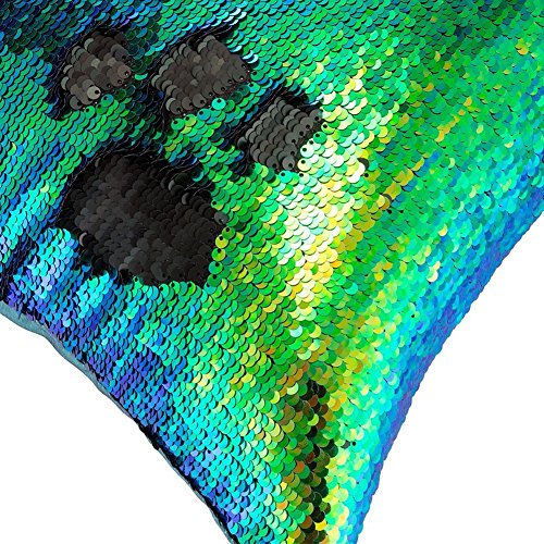URSKYTOUS Reversible Sequin Pillow Case Decorative Mermaid Pillow Cover Color Changing Cushion Throw Pillowcase 16” x 16”,Fancy Green and Black - Thumbnail 6