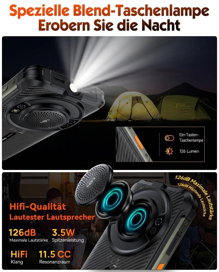 Ulefone RugKing Outdoor Smartphone Android 15, 16GB+256GB/2TB, 9600 mAh IP68&IP69K Baustellen Handy, 50MP Kamera, 128dB Lautsprecher, 5,99" Display, AI Outdoor Handy, 4G Dual SIM/OTG/NFC/GPS 3