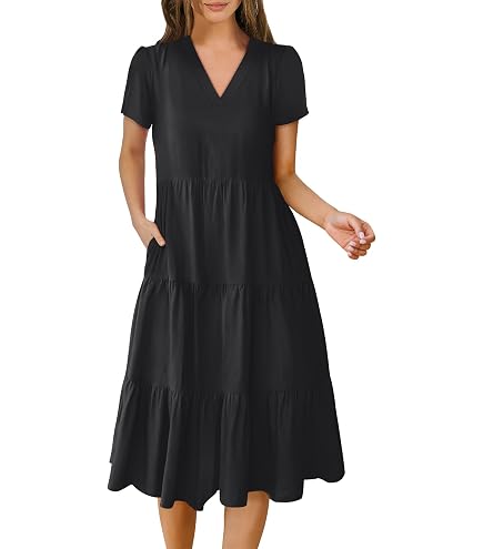 ANRABESS Women's Summer Short Sleeve A-Line Midi Dresses Casual Floral T-Shirt Dresses Flowy Beach Sundress with Pockets Black Small at Amazon Women's Clothing store