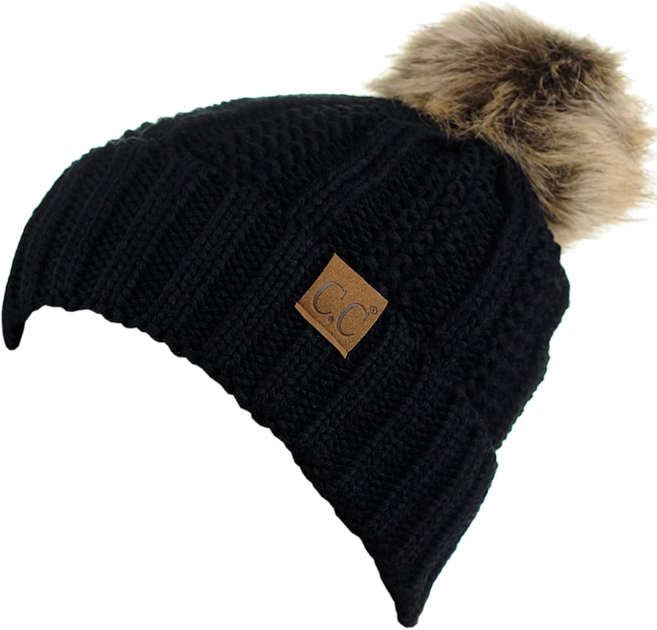 C.C Thick Cable Knit Faux Fuzzy Fur Pom Fleece Lined Skull Cap Cuff Beanie, Black at  Women’s Clothing store