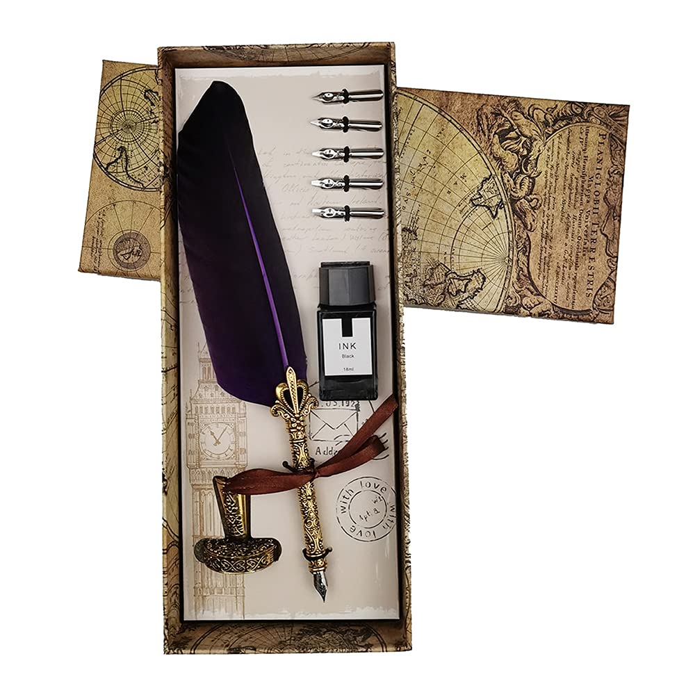 AOKUY Feather Pen,Vintage Dip Pen, English Calligraphy Pen,Ink Bottle Set with 5 Replacement Nibs for Stationery Gift and Writing Stationery (purple)