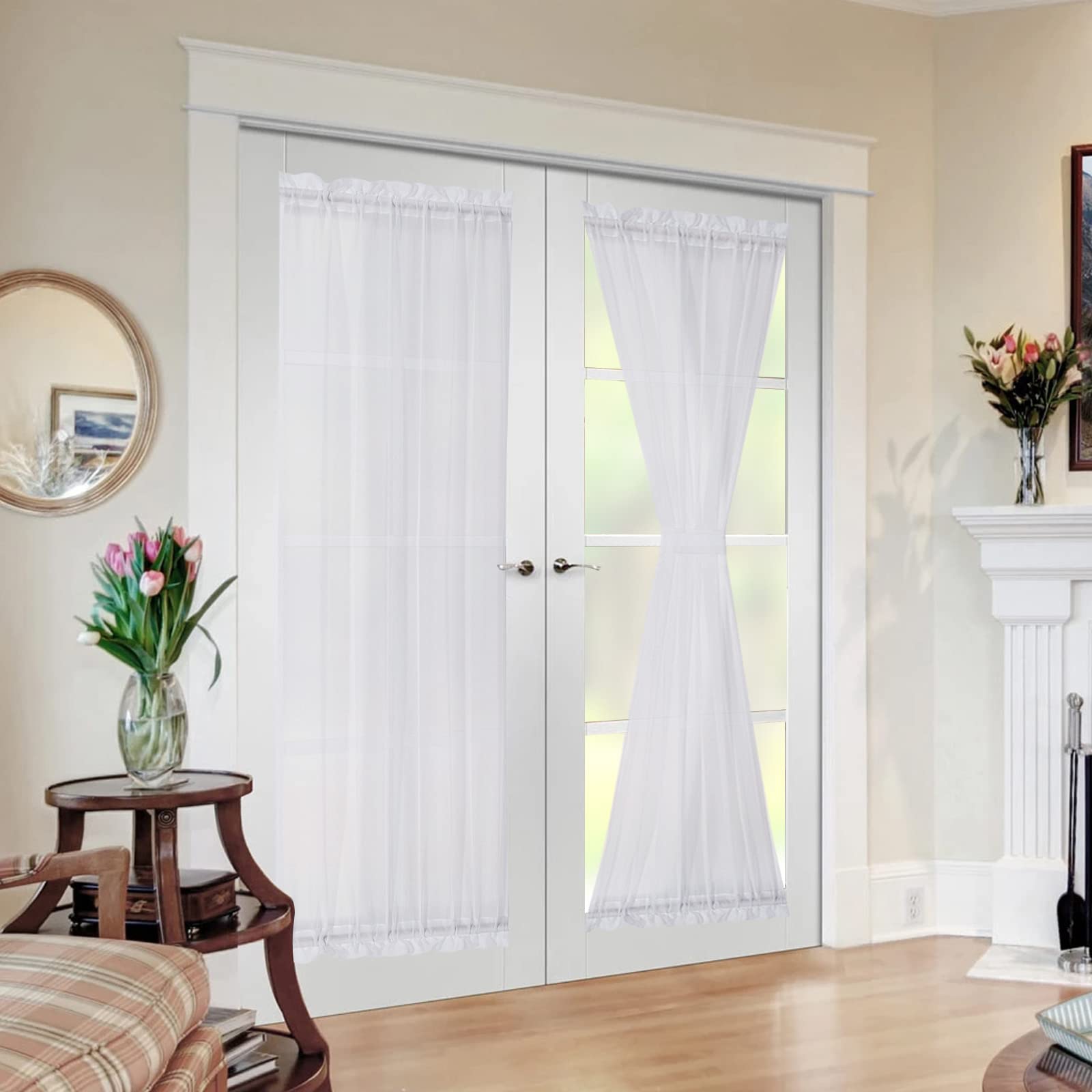 Photo 1 of MIULEE French Door Sheer Curtains for Front Back Patio Glass Door Light Filtering Window Treatment with 2 Tiebacks 54 Wide and 63 Inches Length, White, Set of 2