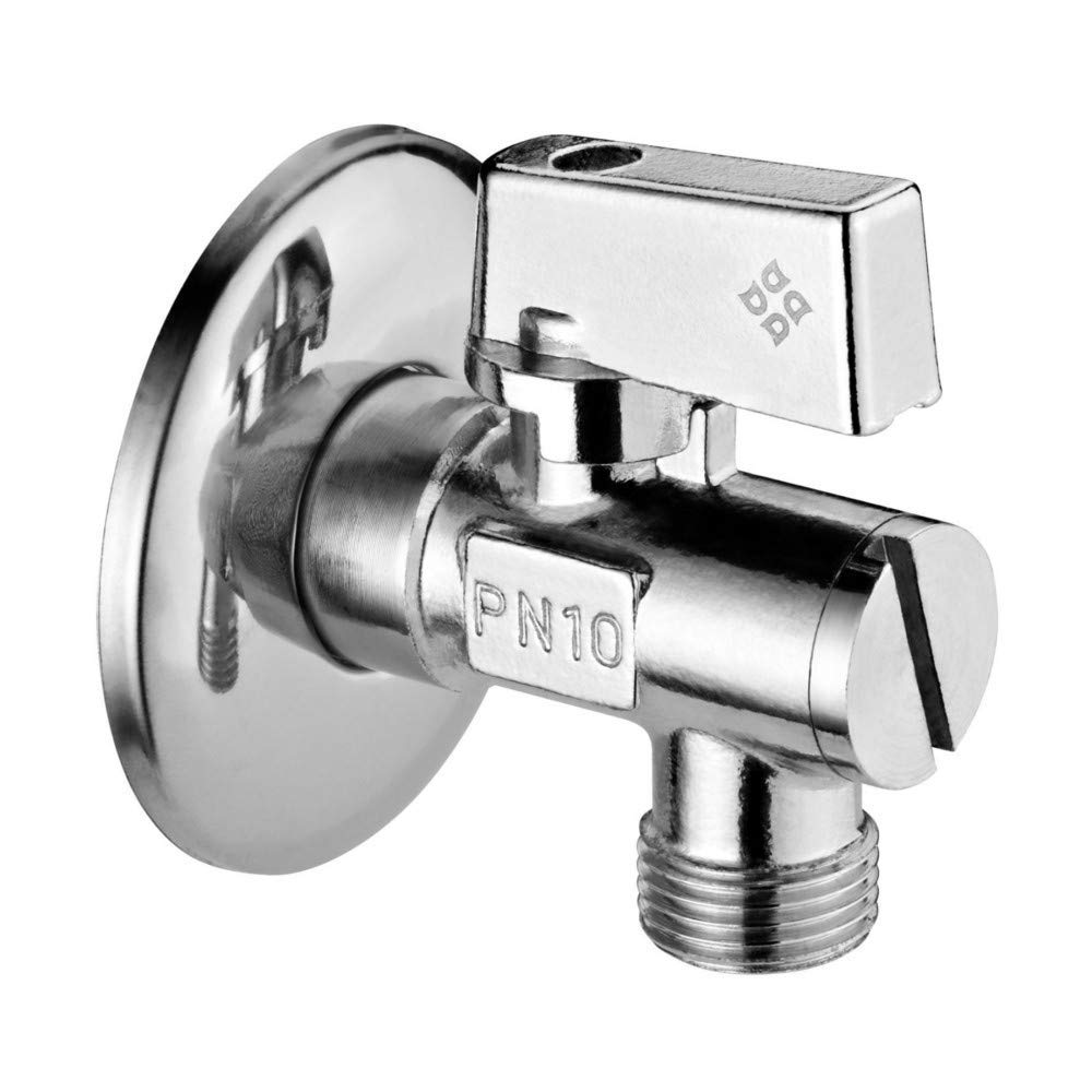 Designer Corner Valve Chrome Brass, Integrated Water Filter in Rotary Knob Including Rosette Valve Connection 1/2 Inch Male x 3/8 Inch Male with Shut-Off Valve for Water Connection to Tap Kitchen Tap