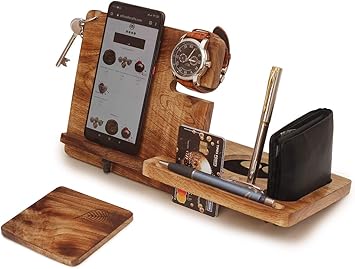 Amazon Com Abhandicrafts Mango Wooden Docking Station Menen Nightstand Organizer Wallet Stand Keys Pen Coins Watch Holder Charging Station Men Gift Husband Wife Anniversary Dad Birthday Electronics