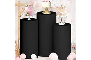 FUHSY Cylinder Pedestal Stand Covers Set of 3 Black Spandex Cylinder Covers for Parties Cylinder Plinth Stand Cover Birthday Round Display Pillars for Baby Shower Wedding Halloween Table Decorations