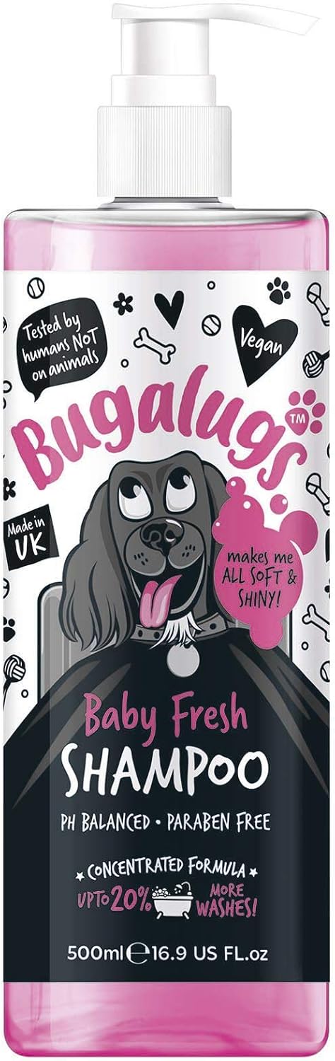 BUGALUGS Baby Fresh Dog Shampoo 500ml grooming products for smelly dogs with baby powder scent best puppy shampoo and conditioner
