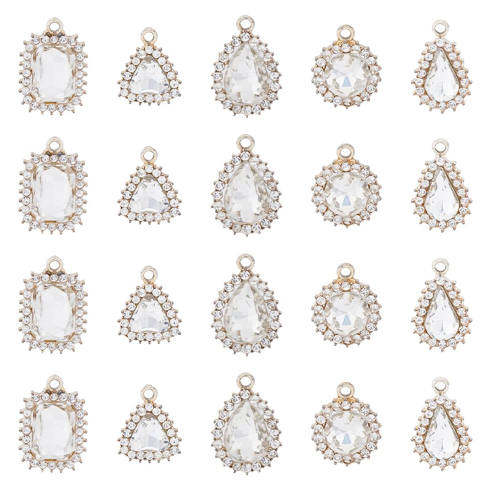 SUPERFINDINGS 20PCS 5 Style Alloy Rhinestone Pendants Light Gold Tone Rectangle Teardrop Triangle Flat Round Charms Sparkling Clear Crystal Rhinestone Pendants for Jewelry Making, Hole: 1.8~2.5mm