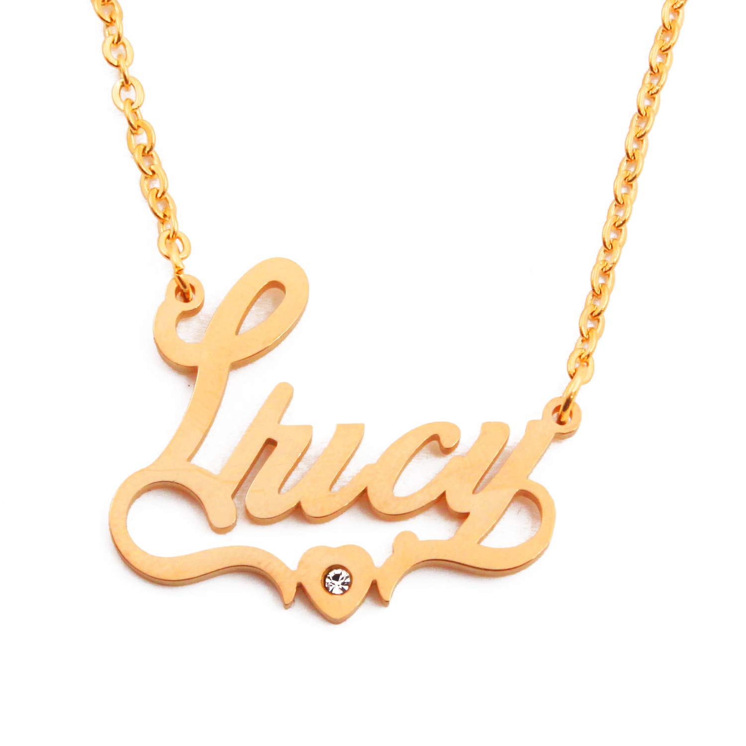 Kigu Lucy Name Necklace Heart Shaped Personalised Gold Plated, Custom Dainty Name Pendants, Jewellery for Ladies, Girlfriend, Mother, Sister, Friends Inc Bag & Box