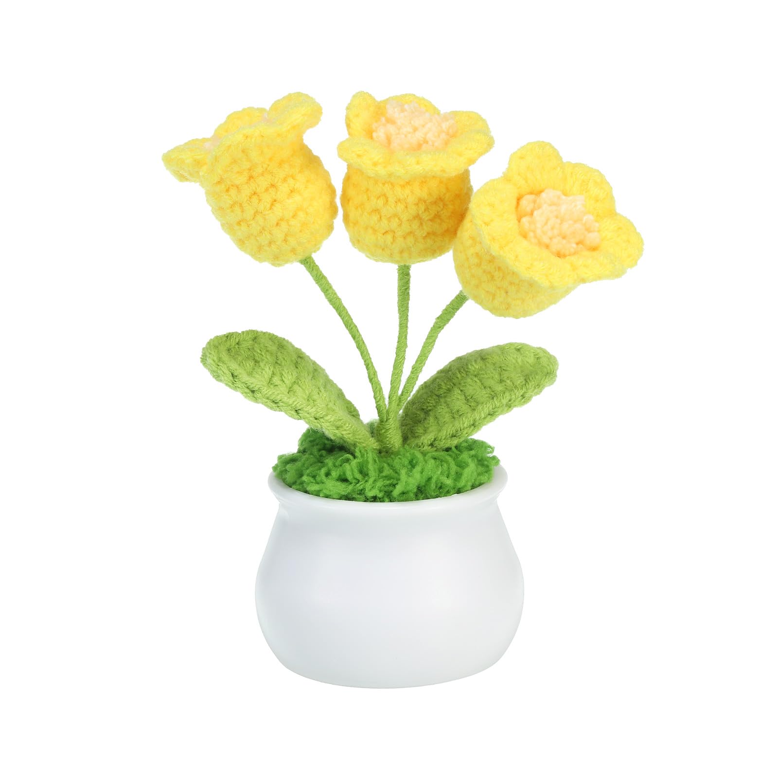 PATIKIL Crochet Flowers, Handmade Knitting 3Head Lily of the Valley Artificial Woven Small Potted with Stems for Valentine's Gifts Home Wedding Party Office Tables Decoration, Yellow