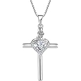 FJ Cross Necklace 925 Sterling Silver Rose Flower Pendant Religious Necklace Birthstone Jewelry for Women