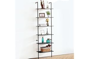 Apicizon 6 Tier Ladder Shelf, Industrial Wall Shelf with Wood Shelves and Stable Metal Frame, Open Wall Mount Bookcases, Display Shelves, Plant Flower Rack for Home Office, Balcony, Bathroom, Black