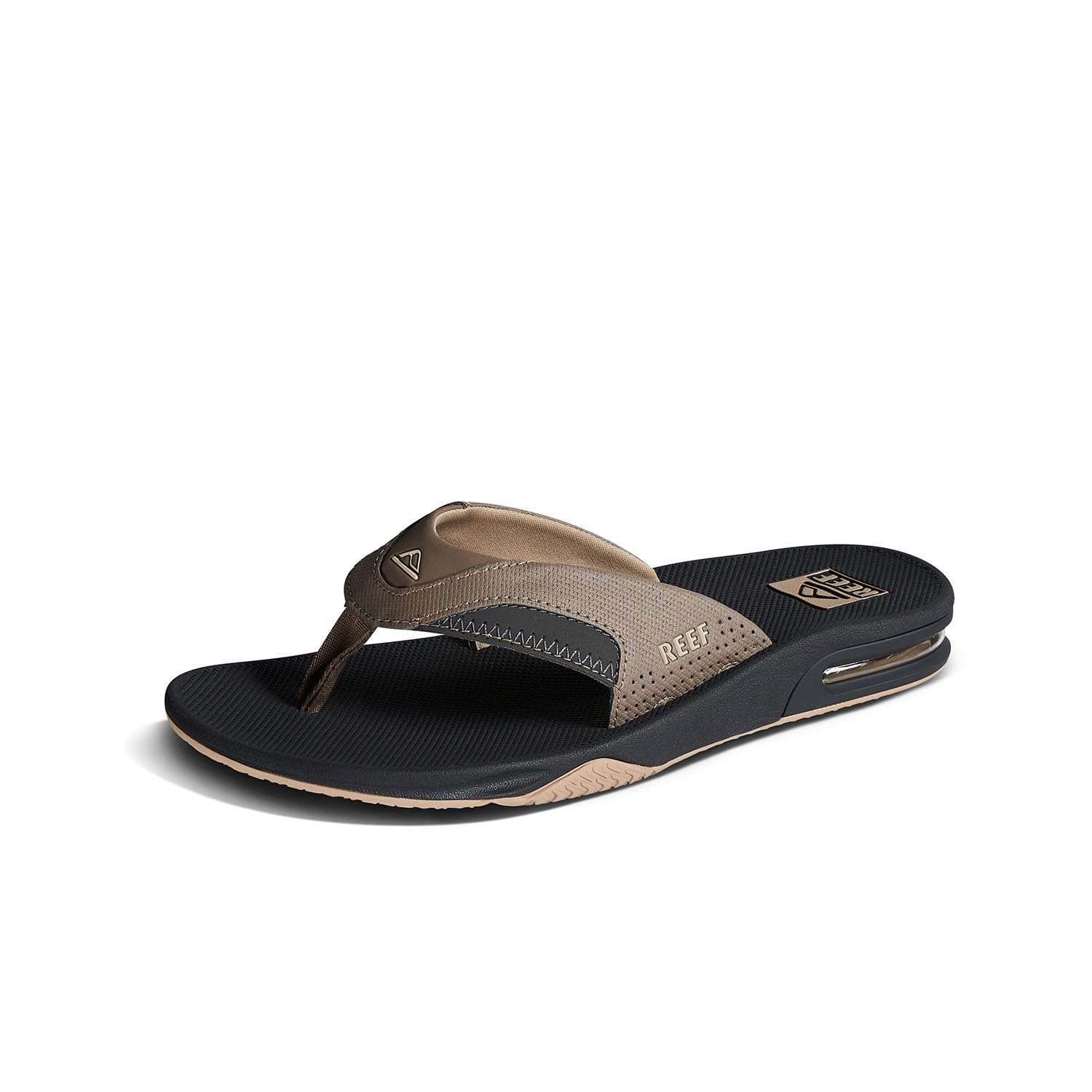 REEF Fanning Men’s Bottle Opener Flip Flop, Arch Support, Fossil/Raven, 7